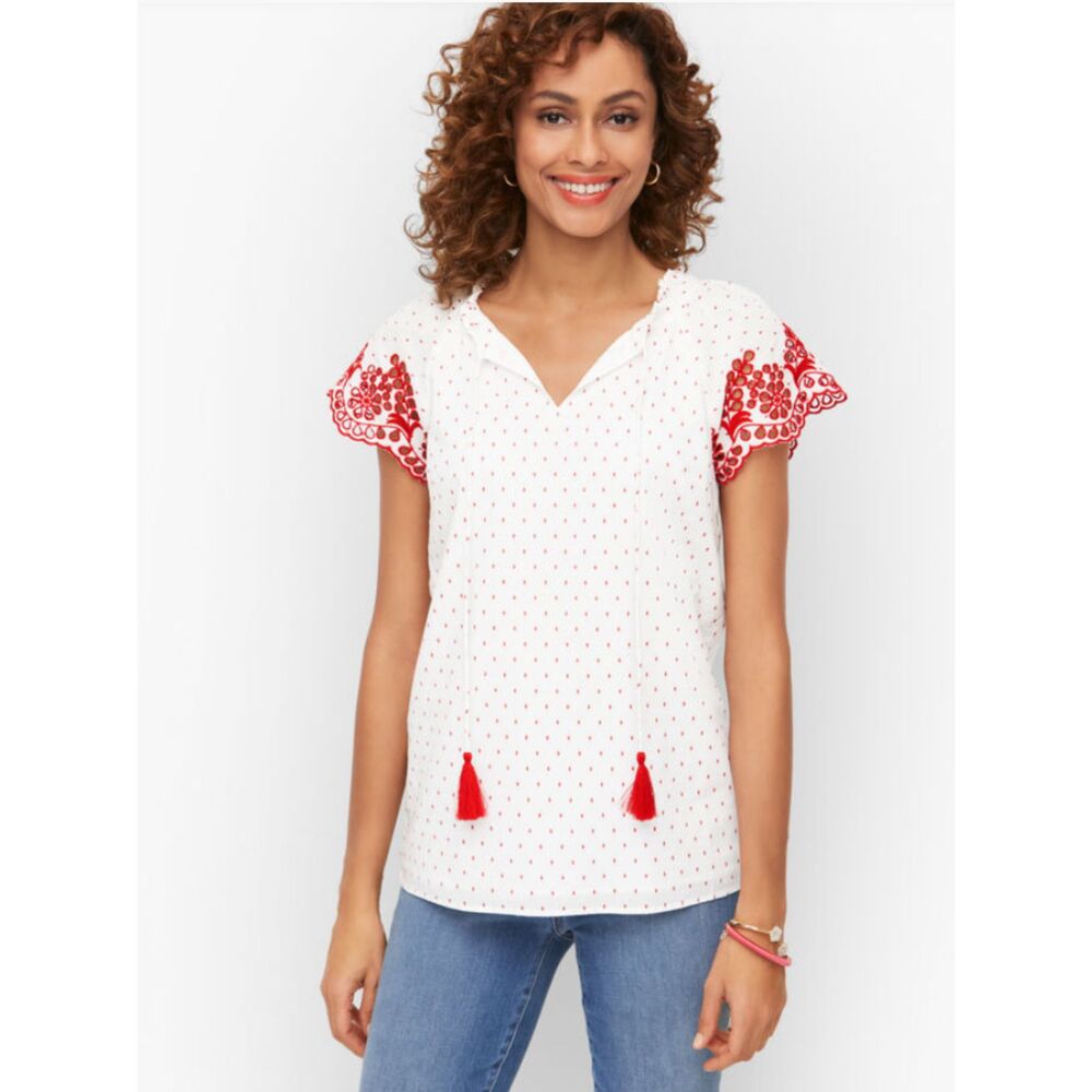 Talbots Dotted Eyelet Top White Red Flutter Sleeve Tassels Embroidered Top Sz M